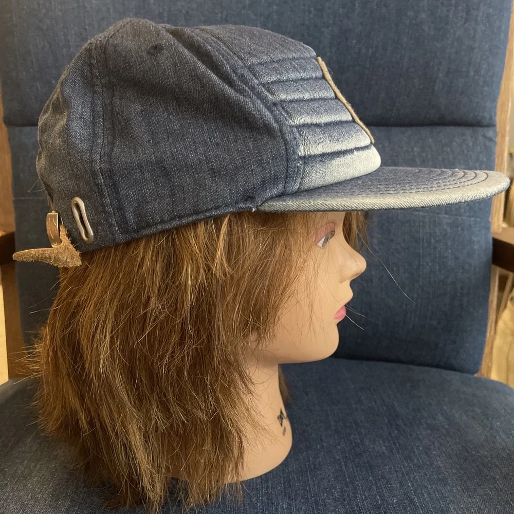 True Religion Blue Denim Ribbed Horseshoe Patch Strapback Hat Distressed Cap